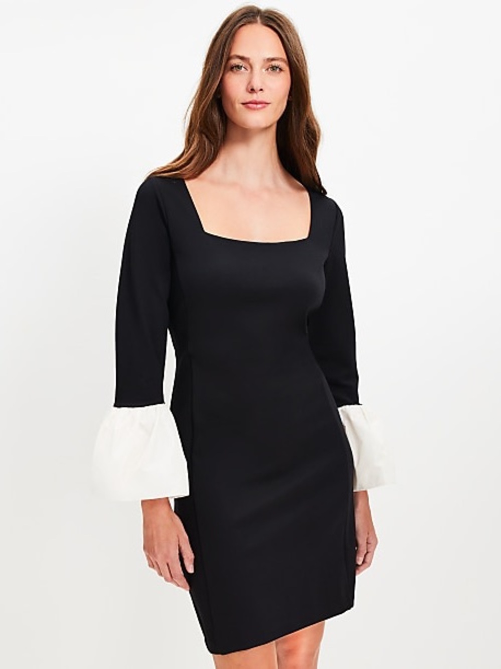 Loft Black Dress with Ivory Bell Cuffs - Women's Square Neck Dress
